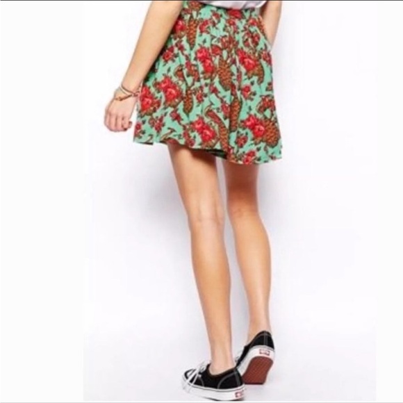 Asos Women’s Size 2 Mint Green Skater Skirt Peacock & Rose Design Swing Skirt - Picture 1 of 6